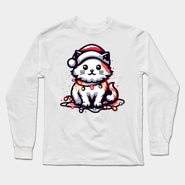 Cute Christmas Cat Santa Hat Christmas Lights Adorable Long Sleeve T-Shirt by Francois Ringuette